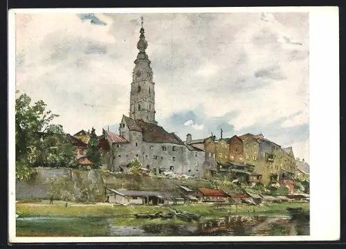 Lithographie Braunau am Inn, Teilansicht mit Kirchturm