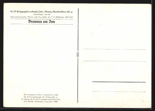 Lithographie Braunau am Inn, Teilansicht mit Kirchturm