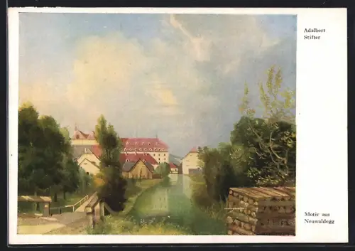 Künstler-AK Neuwaldegg, Ortspartie mit Strasse und Gewässer