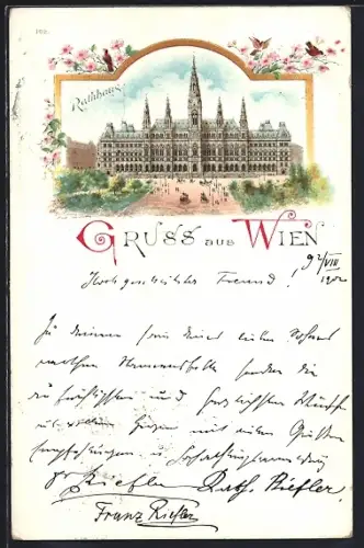 Lithographie Wien, Rathaus mit Anlagen, Rahmen mit Blumen u. Vögeln