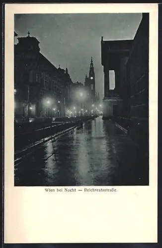 AK Wien, Reichsratsstrasse bei Nacht, mit Kirche
