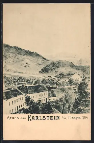 Künstler-AK Karlstein a. d. Thaya, Teilansicht aus der Vogelschau