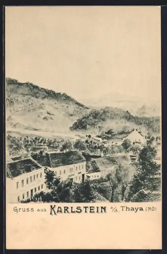 Künstler-AK Karlstein a. d. Thaya, Teilansicht, von oben gesehen