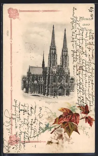 Lithographie Wien, Votivkirche, herbstliche Blätter, Rahmen