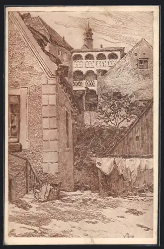 Künstler-AK Braunau, Blick auf einen alten Laubenhof, Dr. Gnädigerhaus