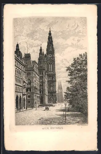 Künstler-AK Wien, Rathaus mit Strasse u. Kirche