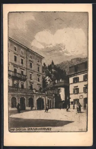 Künstler-AK Bad Gastein, Straubingerplatz mit Badeschloss im Sonnenschein