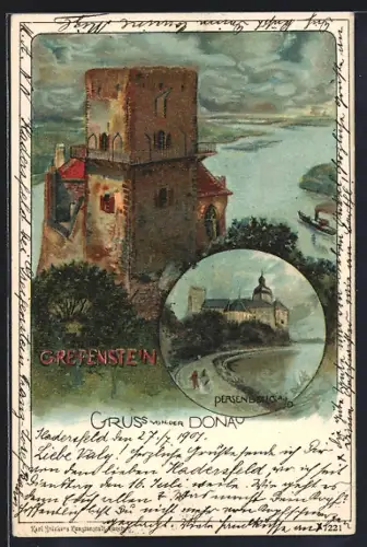 Lithographie Greifenstein /Donau, Burgturm und Schloss