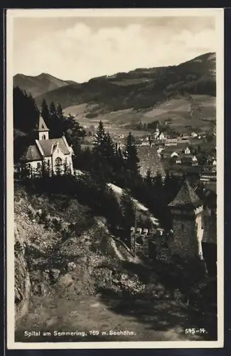 AK Spital am Semmering, Ortsansicht mit Burg und Kirche aus der Vogelschau