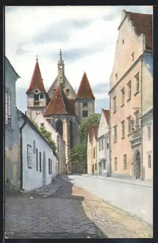 AK Eggenburg, Strassenpartie mit Kirche