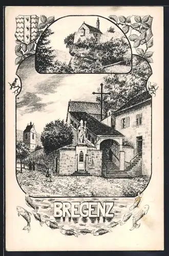 Künstler-AK Bregenz, Kapuzinerkloster mit Statue, Turmgebäude, Wappen, Fische