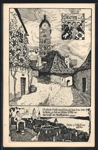 Künstler-AK Ulf Seidl: Stein an der Donau, Ortsmotiv und Blick vom Schloss