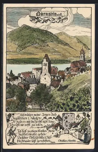 Künstler-AK Ulf Seidl: Dürnstein a. d. Donau, Ortsansicht und Stadttor