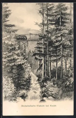 Künstler-AK Kreith, Stubaitalbahn-Viadukt mit Bahn, Ansicht von einer Quelle aus