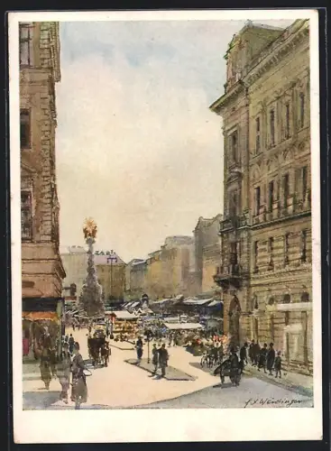 Künstler-AK Linz, Blick auf den Adolf-Hiter-Platz vor dem Umbau