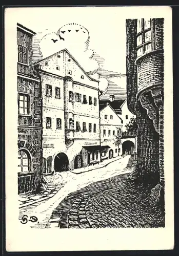 Künstler-AK Peuerbach /O.-D., Fleischergässchen mit dem Fleischertor