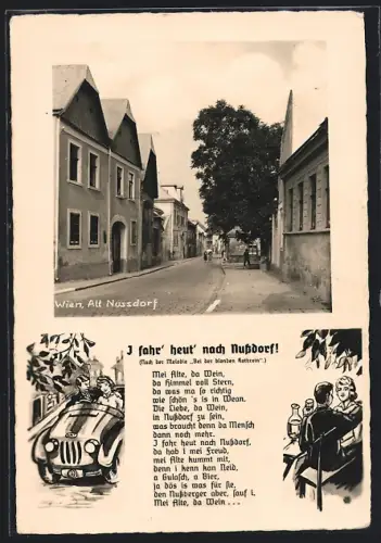 AK Wien-Nussdorf, Alt-Nussdorf, Strassenpartie, Paar bei der Anreise u. beim Wein, Liedtext