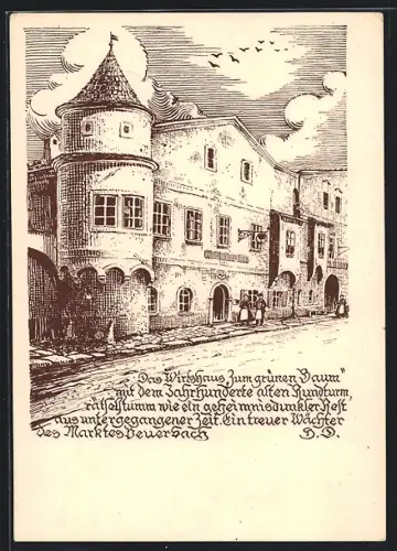 Künstler-AK Peuerbach, Alt-Peuerbach, Gasthaus Zum grünen Baum mit Turm