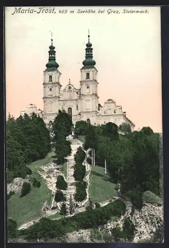 AK Maria-Trost bei Graz, Kirche mit Treppe