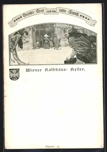 Künstler-AK Wien, Gasthaus Rathaus-Keller, Meister Mur und das rote Mandl