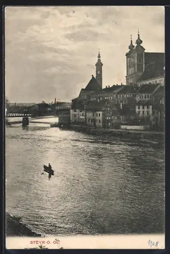 AK Steyr, ruhige Flussiydlle mit Blick zum Dom