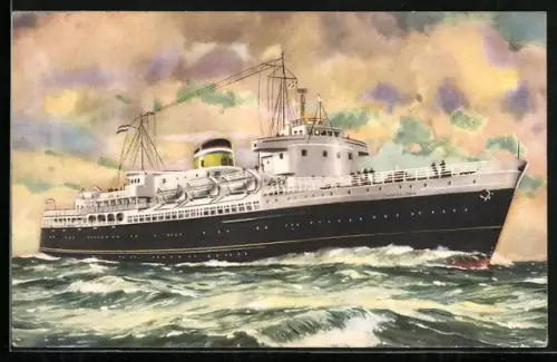 Künstler-AK M.S. Koningin Emma Prinses Beatrix bei stürmischer See gesehen, Passagierschiff