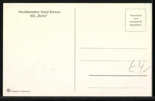 AK MS Berlin auf hoher See, Norddeutscher Lloyd, Passagierschiff