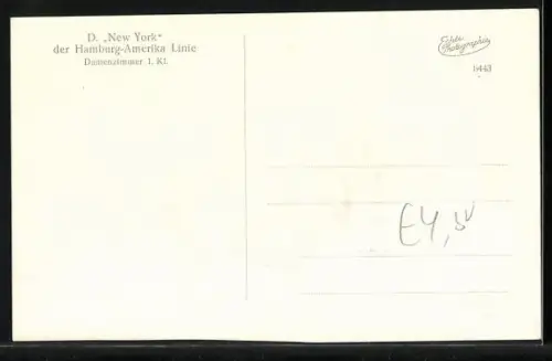AK Dampfer New York der Hamburg-Amerika Linie, Damenzimmer 1. Klasse, Passagierschiff