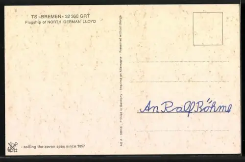 AK Vierschrauben-T.S. Bremen, Flagschiff des Norddeutschen LIoyd Bremen, Passagierschiff