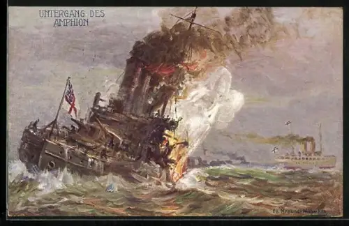 Künstler-AK Untergang des Dampfers Amphion, Kriegsschiff