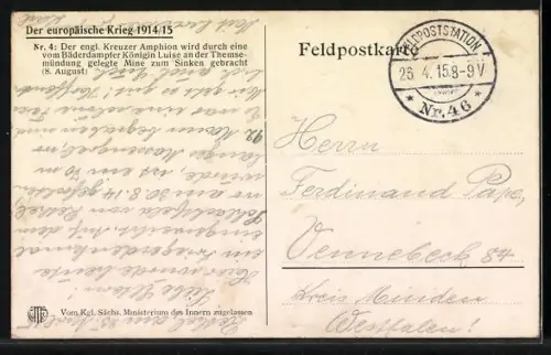 Künstler-AK Untergang des Dampfers Amphion, Kriegsschiff