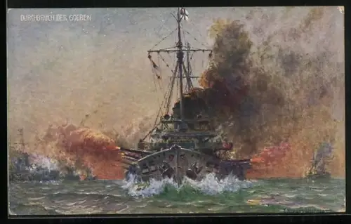 Künstler-AK Messina, Die Kreuzer Goeben und Breslau durchbrechen die englische Blockade, Kriegsschiff