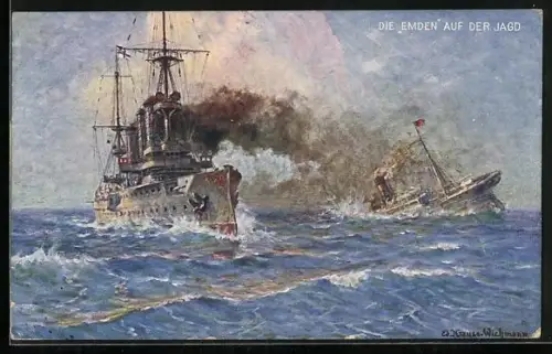 Künstler-AK Die Emden auf der Jagd, Kriegsschiff d. Ostasiengeschwaders