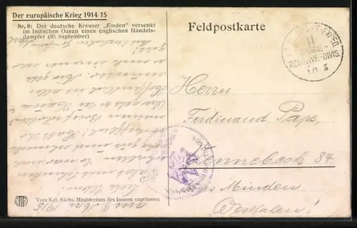 Künstler-AK Die Emden auf der Jagd, Kriegsschiff d. Ostasiengeschwaders