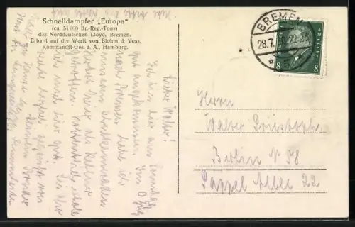 AK Schnelldampfer Europa in Fahrt, Nordd. Lloyd, Passagierschiff