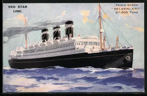 Künstler-AK Passagierschiff Belgenland unter Dampf auf dem Meer, White Star Line