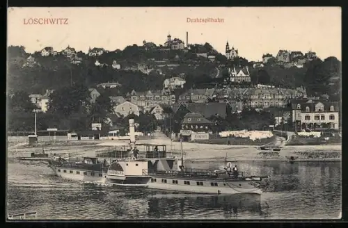 AK Loschwitz-Weisser Hirsch, Drahtseilbahn, Burgberg, MS Habsburg auf der Elbe