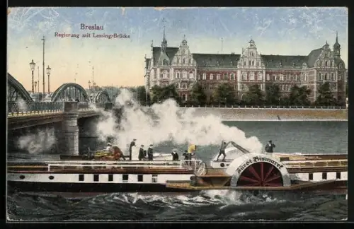 AK Breslau, Regierung, Dampfer Fürst Bismarck, Brücke