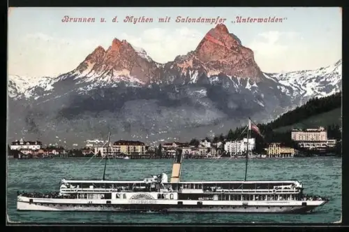 AK Brunnen, Salondampfer Unterwalden, Blick auf die Mythen