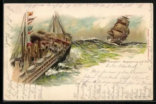 Lithographie Auswanderer-Dampfer und Segelboot begegnen sich auf See