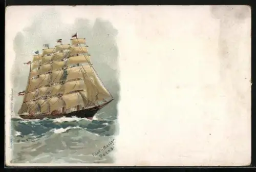 Lithographie Segelschiff Fünfmaster Potosi unter vollen Segeln