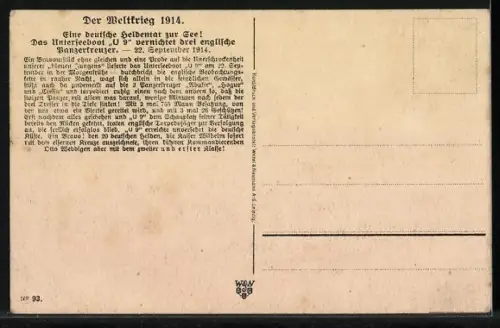 AK Das U-Boot U 9 vernichtet 3 engl. Panzerkreuzer, Kapitänleutnant Weddigen