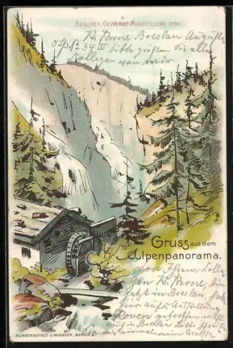 Lithographie Berlin, Gewerbe-Ausstellung 1896, Alpenpanorama mit Mühle