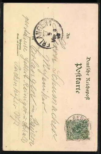 Lithographie Berlin, Gewerbe-Ausstellung 1896, Alpenpanorama mit Mühle