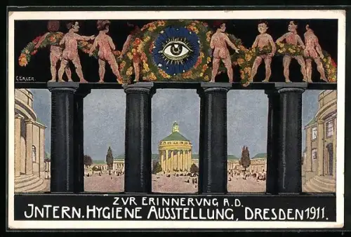 AK Dresden, Internationale Hygiene-Ausstellung 1911, Blick durch Säulen auf Pavillon, Auge, nackte Knaben