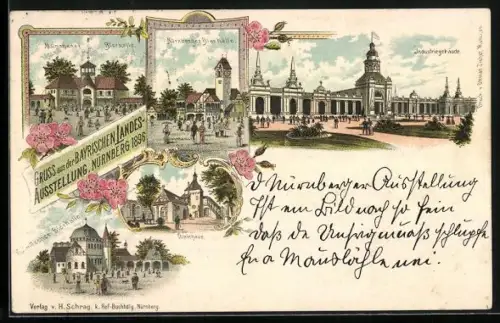 Lithographie Nürnberg, Bayrische Landesausstellung 1896, Bierhalle, Industriegebäude, Weinhaus
