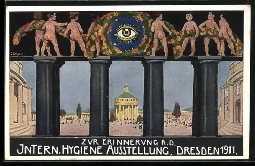 AK Dresden, Internationale Hygiene-Ausstellung 1911, Blick durch Säulen auf Pavillon, Auge, nackte Knaben
