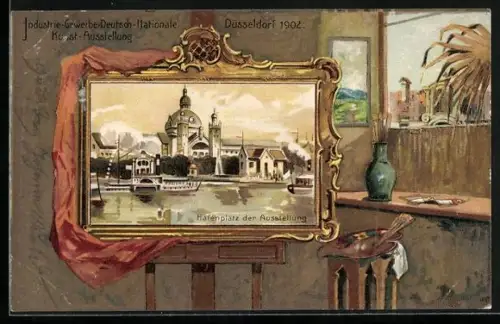 Lithographie Düsseldorf, Industrie-Gewerbe-Deutsch-Nationale-Kunst-Ausstellung 1902, Hafenplatz der Ausstellung