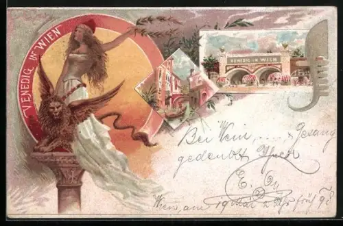 Lithographie Wien, Venedig in Wien 1897, Haupteingang, Frau mit Lorbeerkranz