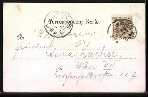 Lithographie Wien, Venedig in Wien 1897, Haupteingang, Frau mit Lorbeerkranz